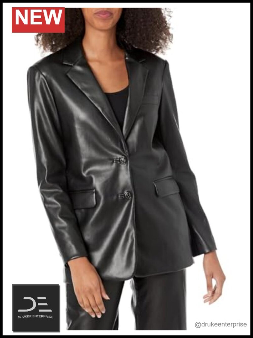 Faux Leather Blazer Slim Fit Notch Collar Button Business Casual